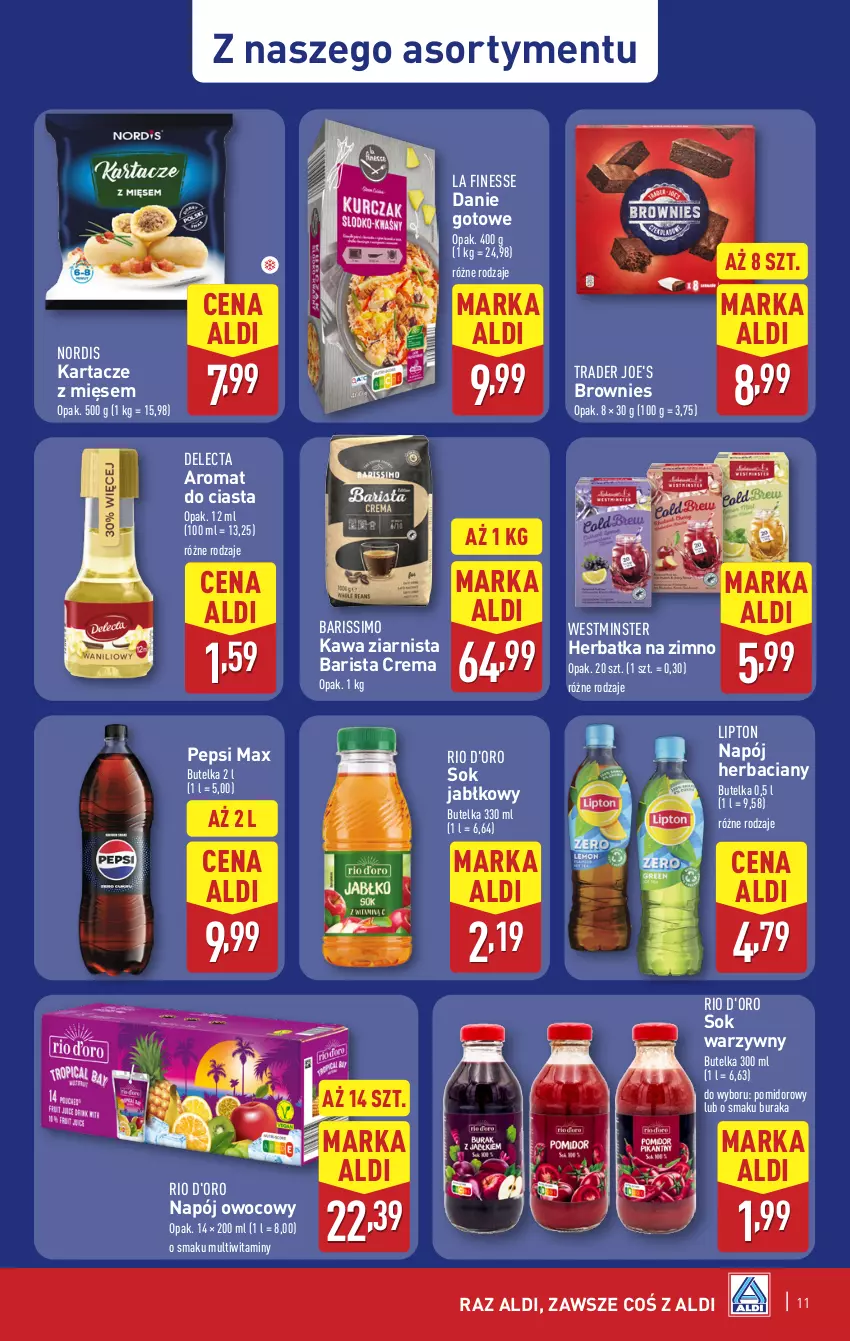 Gazetka promocyjna Aldi - Pełna oferta - ważna 16.06 do 21.06.2025 - strona 11 - produkty: Brownie, Danie gotowe, Delecta, Kawa, Kawa ziarnista, Lipton, Napój, Pepsi, Pepsi max, Sok, Sok jabłkowy