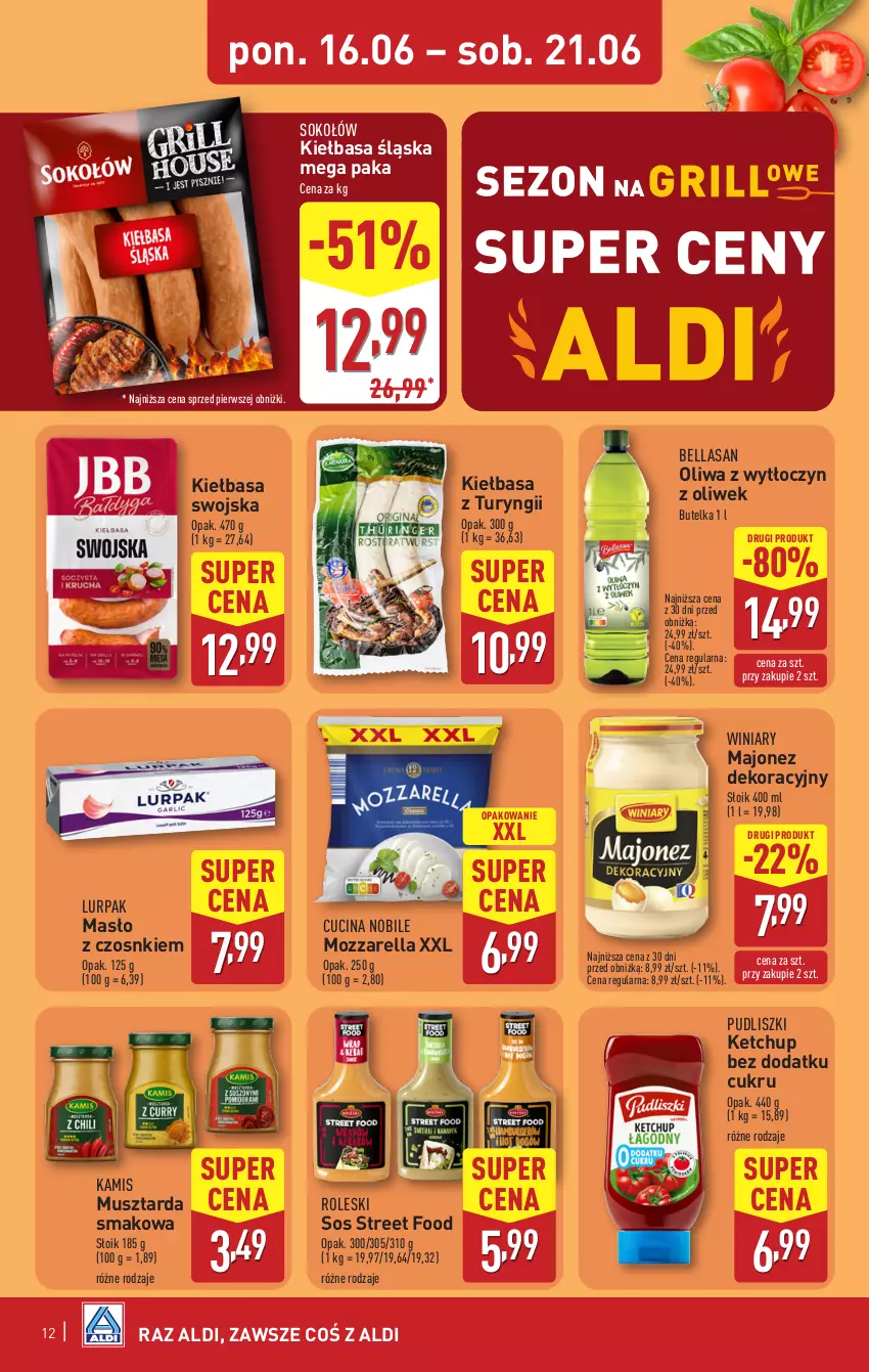 Gazetka promocyjna Aldi - Pełna oferta - ważna 16.06 do 21.06.2025 - strona 12 - produkty: Bell, Bella, Kamis, Ketchup, Kiełbasa, Kiełbasa śląska, Lurpak, Majonez, Masło, Mozzarella, Mus, Musztarda, Oliwa, Pudliszki, Sok, Sokołów, Sos, Winiary