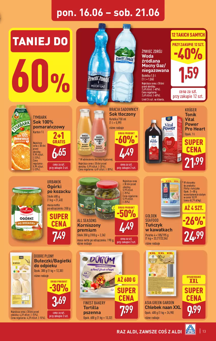 Gazetka promocyjna Aldi - Pełna oferta - ważna 16.06 do 21.06.2025 - strona 13 - produkty: All Seasons, Bułeczki, Chleb, Golden Seafood, Gra, Kawa, Korniszony, LANA, Sok, Tonik, Tortilla, Tuńczyk, Tymbark, Woda