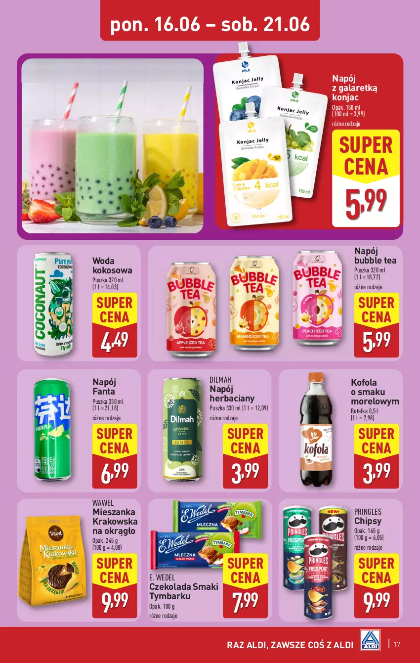 Gazetka promocyjna Aldi - Pełna oferta - ważna 16.06 do 21.06.2025 - strona 17 - produkty: Chipsy, Czekolada, Dilmah, E. Wedel, Fa, Fanta, Gala, Kokos, Napój, Pringles, Tymbark, Wawel, Woda