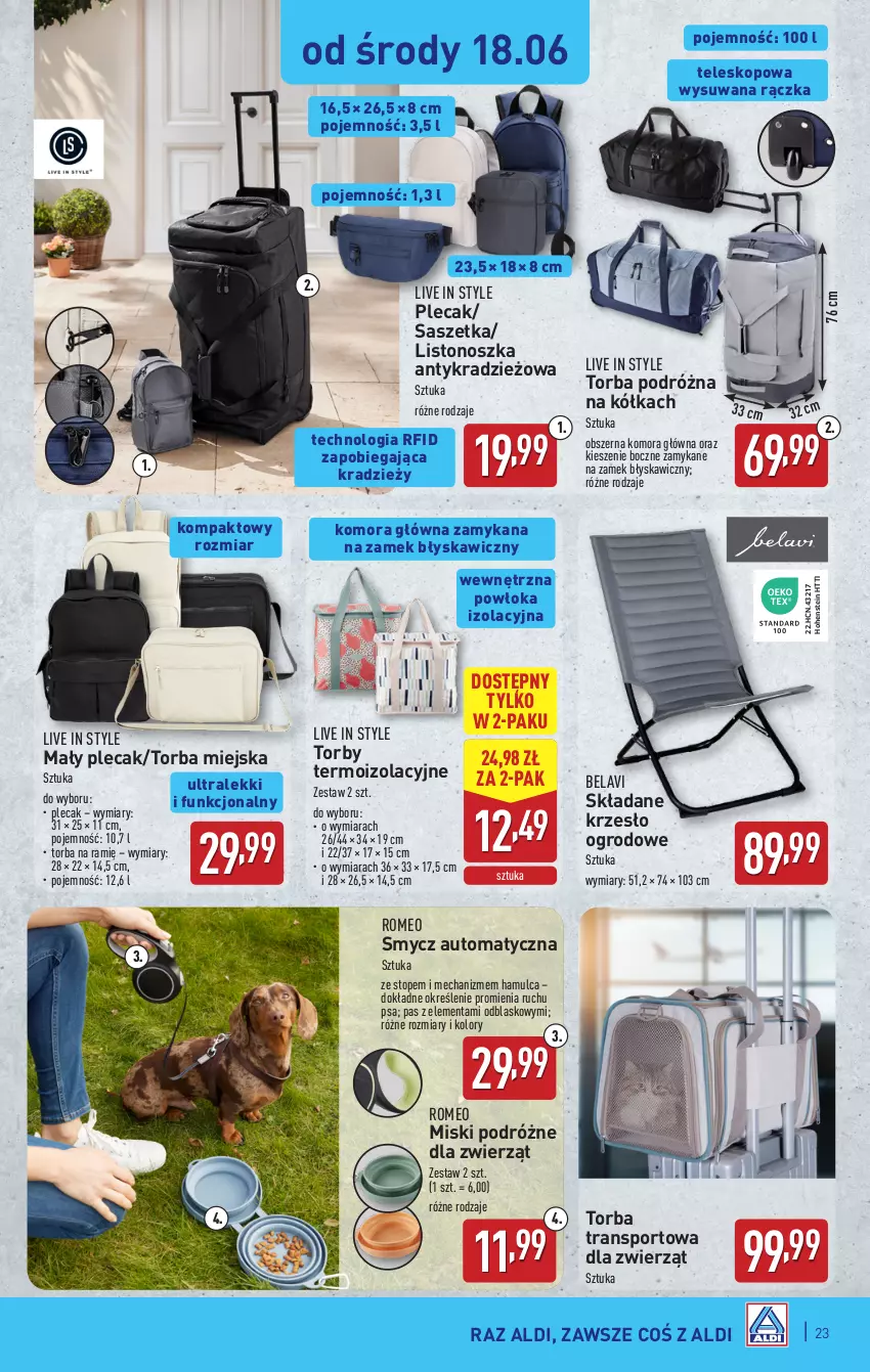 Gazetka promocyjna Aldi - Pełna oferta - ważna 16.06 do 21.06.2025 - strona 23 - produkty: Krzesło, Krzesło ogrodowe, Plecak, Por, Smycz, Sport, Teleskop, Top, Torba, Tran