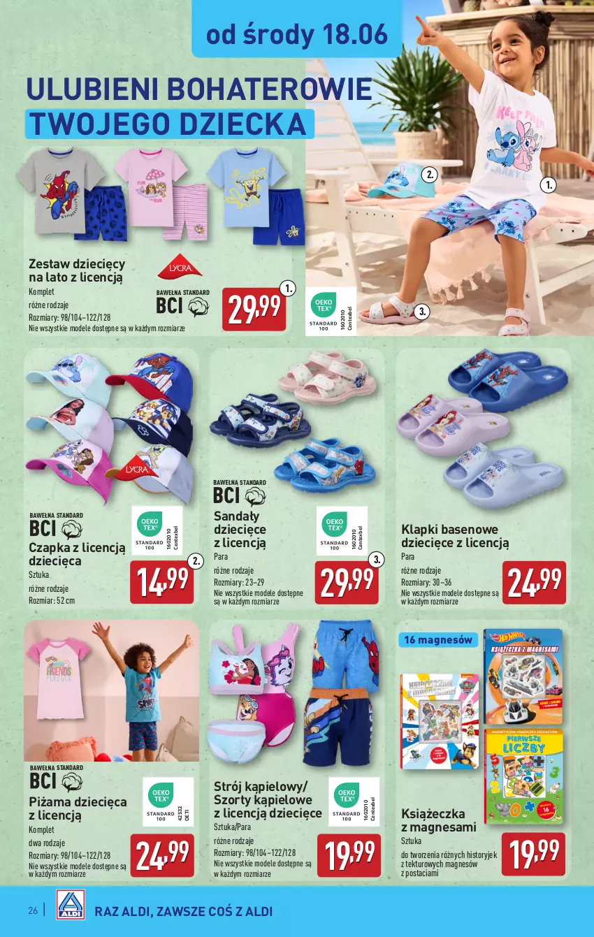 Gazetka promocyjna Aldi - Pełna oferta - ważna 16.06 do 21.06.2025 - strona 26 - produkty: Czapka, Dzieci, Klapki, Piżama, Sandał, Strój kąpielowy, Szorty