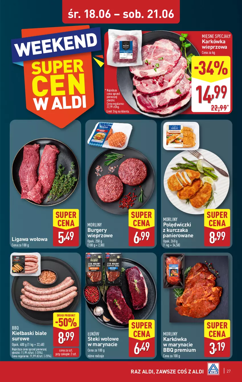 Gazetka promocyjna Aldi - Pełna oferta - ważna 16.06 do 21.06.2025 - strona 27 - produkty: Burger, Karkówka wieprzowa, Kiełbaski białe, Kurczak, Mięsne specjały, Morliny, Polędwiczki z kurczaka, Stek
