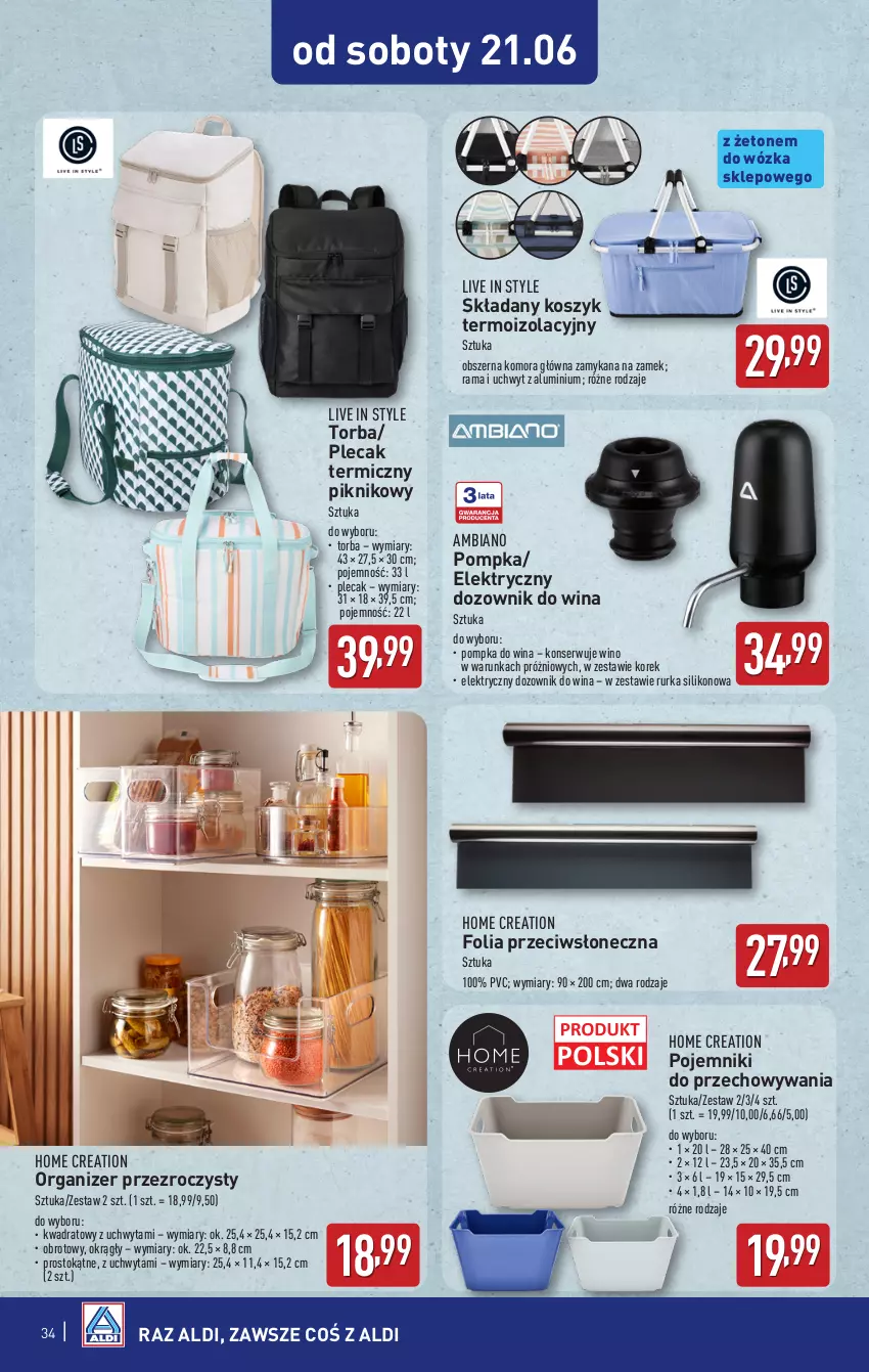 Gazetka promocyjna Aldi - Pełna oferta - ważna 16.06 do 21.06.2025 - strona 34 - produkty: Dozownik, Kosz, Organizer, Plecak, Pojemnik, Pompka, Rama, Ser, Torba, Wino
