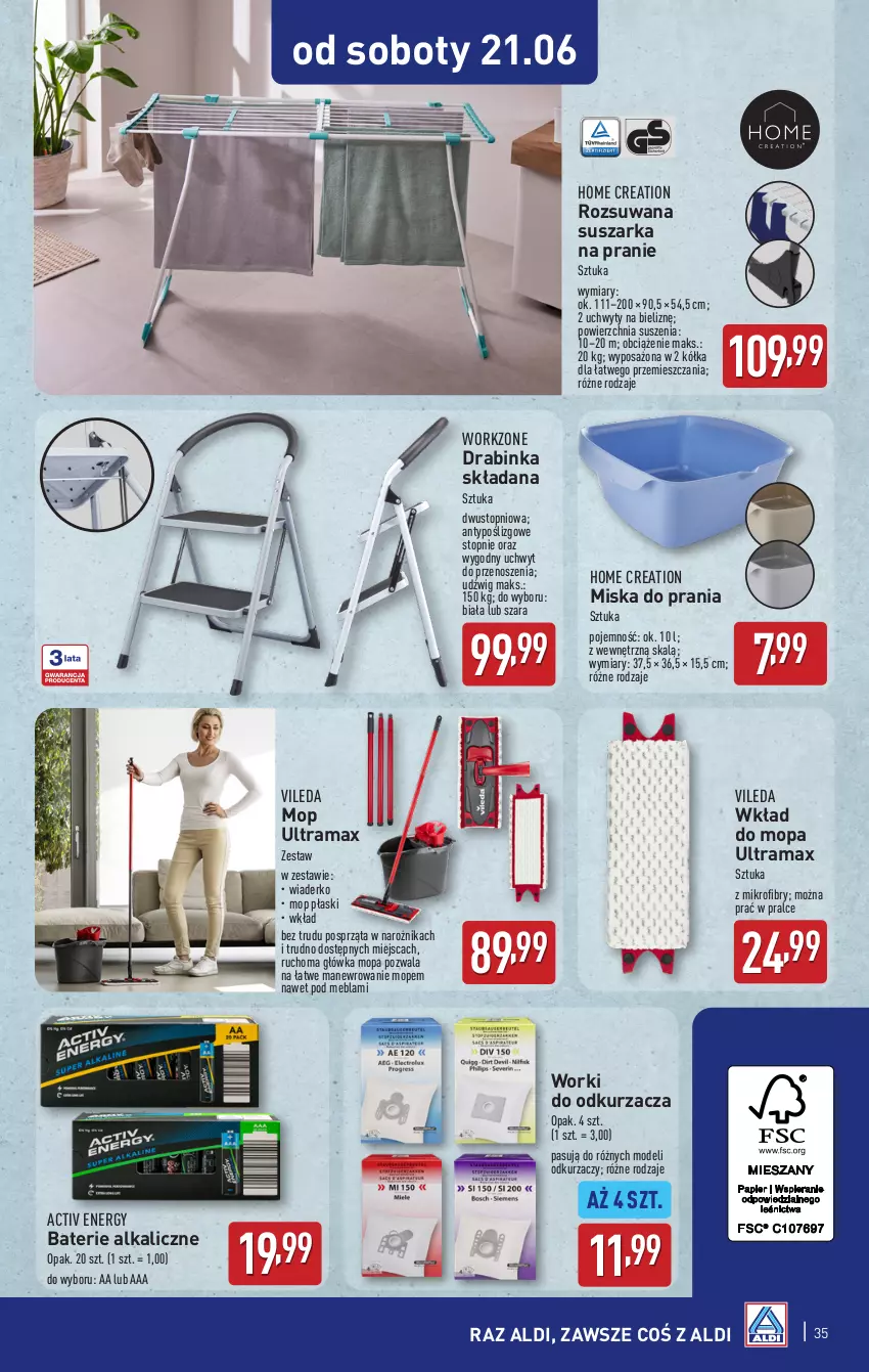 Gazetka promocyjna Aldi - Pełna oferta - ważna 16.06 do 21.06.2025 - strona 35 - produkty: Anew, Baterie alkaliczne, Dźwig, Inka, Miska, Mop, Narożnik, Odkurzacz, Rama, Suszarka, Suszarka na pranie, Top, Uchwyty, Vileda, Wkład do mopa