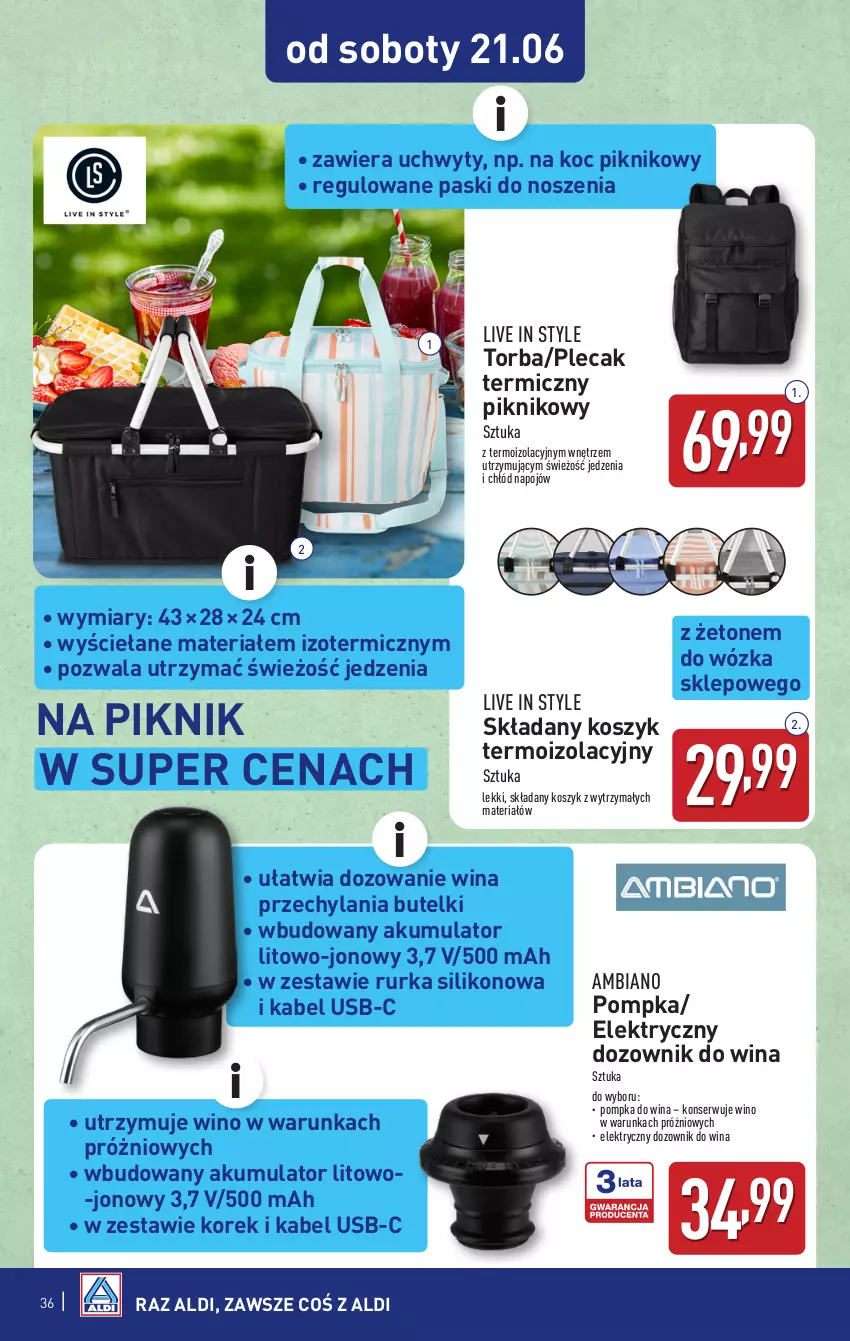 Gazetka promocyjna Aldi - Pełna oferta - ważna 16.06 do 21.06.2025 - strona 36 - produkty: Akumulator, Dozownik, Kabel USB, Koc, Kosz, Plecak, Pompka, Ser, Torba, Uchwyty, Wino