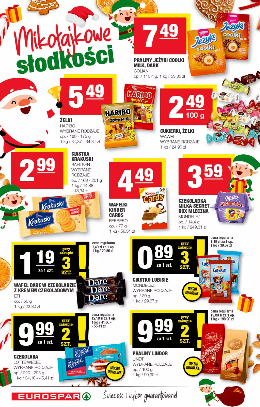 Gazetka promocyjna Spar - EuroSpar - ważna 27.11 do 07.12.2022 - strona 2 - produkty: Ciastka, Cukier, Cukierki, Czekolada, Ferrero, Haribo, Jeżyki, Kinder, Krakus, Krakuski, Lindor, Lindt, Lubisie, Milka, Praliny, Wawel