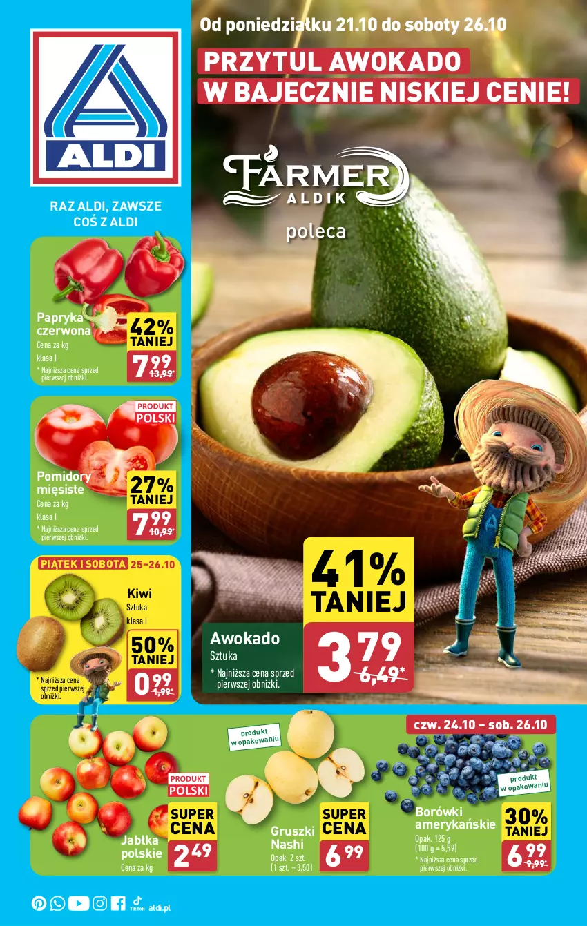 Gazetka promocyjna Aldi - Farmer ALDIK poleca świeże owoce i warzywa - ważna 21.10 do 26.10.2024 - strona 1 - produkty: Gruszki, Jabłka, Kiwi, Papryka, Papryka czerwona, Pomidory