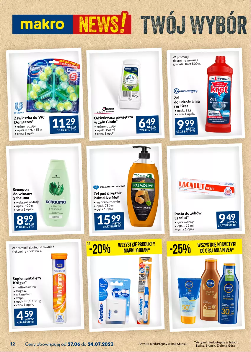 Gazetka promocyjna Makro - Najlepsze oferty - ważna 27.06 do 24.07.2023 - strona 12 - produkty: Domestos, Gra, Kret, Lacalut, Magnez, Nivea, Odświeżacz powietrza, Palmolive, Pasta do zębów, Por, Schauma, Sport, Szampon, Zawieszka do wc