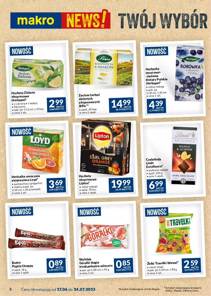 Gazetka promocyjna Makro - Najlepsze oferty - ważna 27.06 do 24.07.2023 - strona 8 - produkty: Baton, Czekolada, Góralki, Herbapol, Herbata, Lindt, Lipton, Loyd, Wafelek, Wawel