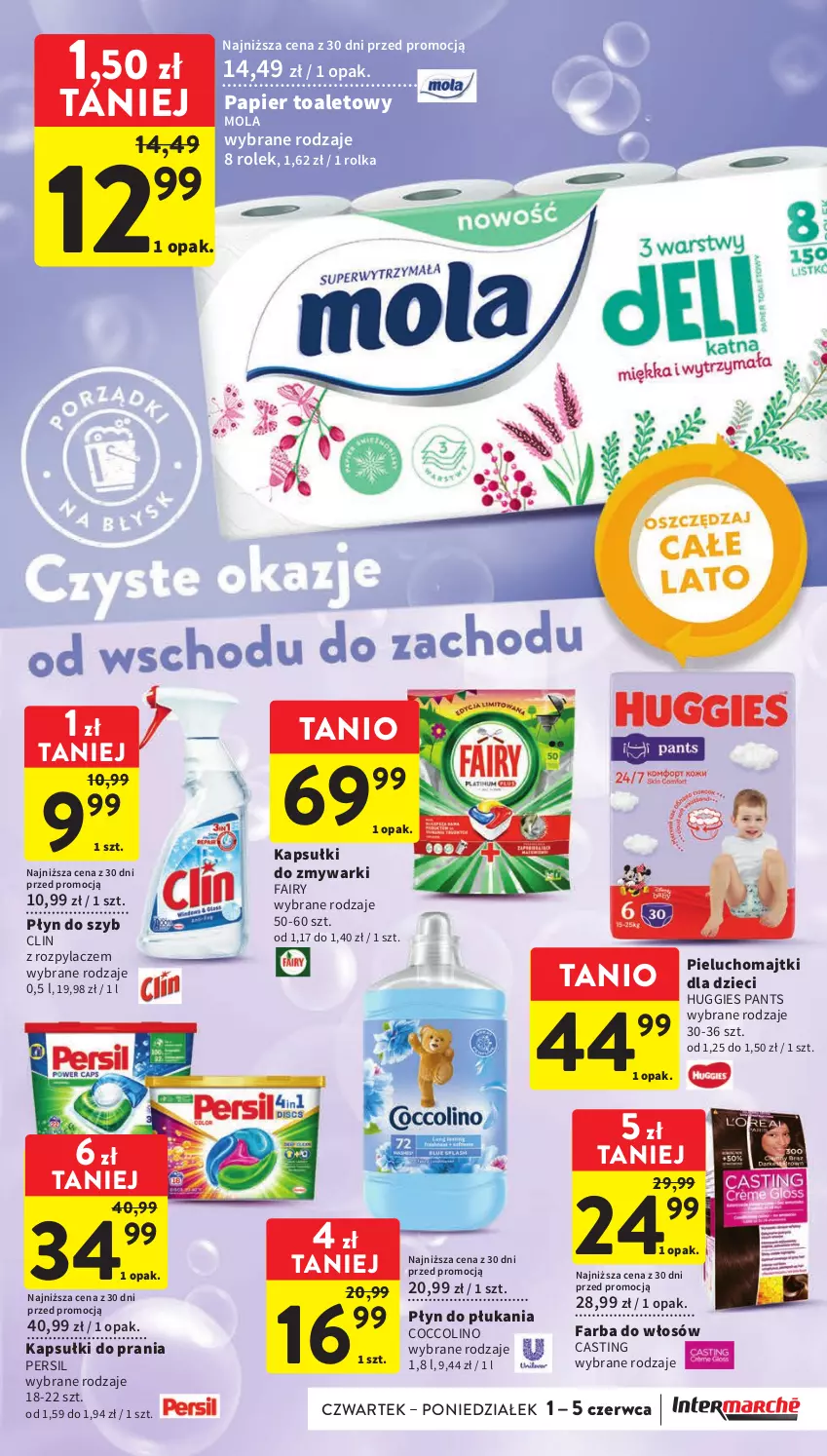 Gazetka promocyjna Intermarche - Gazetka Intermarche - ważna 01.06 do 05.06.2023 - strona 43 - produkty: Clin, Coccolino, Dzieci, Fa, Fairy, Farba do włosów, Huggies, Kapsułki do prania, Majtki, Mola, Papier, Papier toaletowy, Persil, Pieluchomajtki, Płyn do płukania, Płyn do szyb, Zmywarki