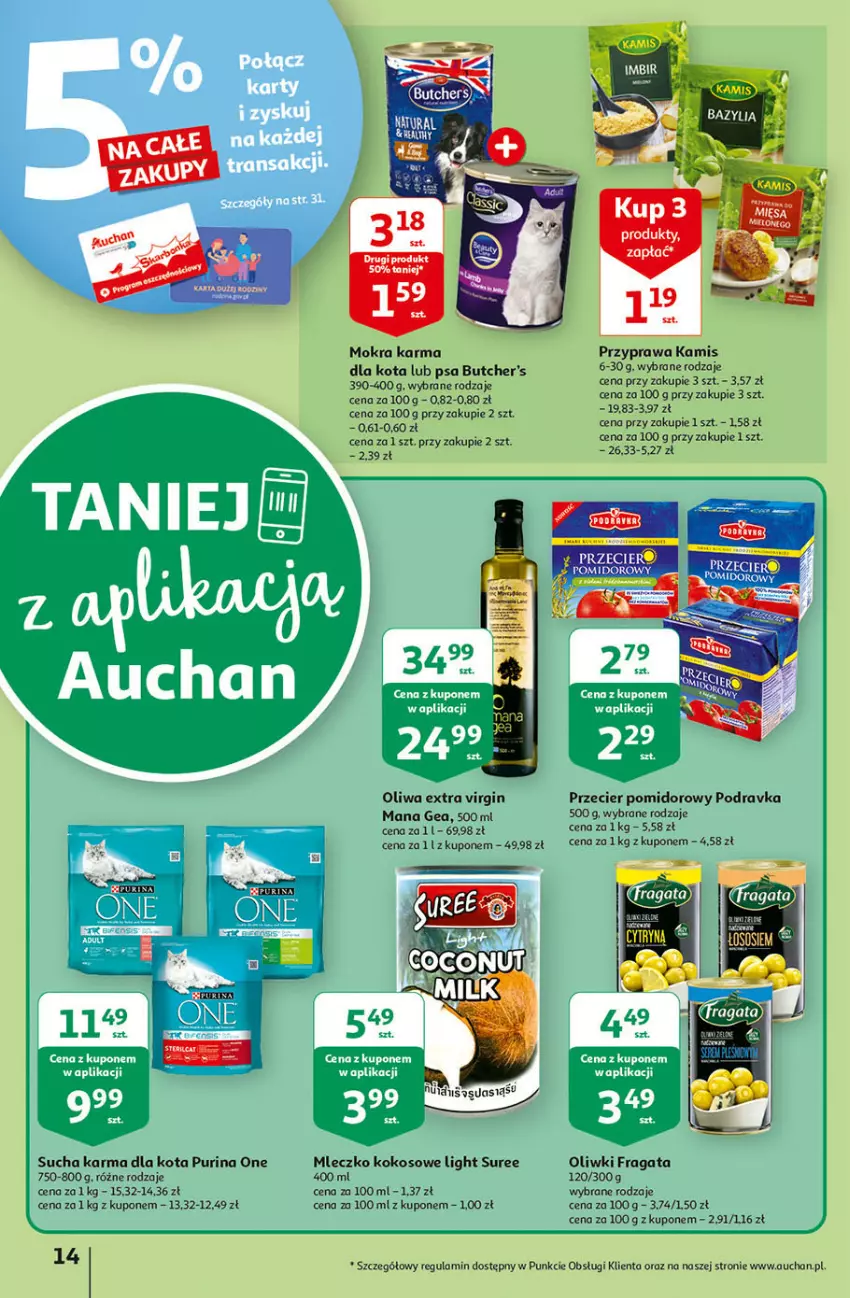 Gazetka promocyjna Auchan - Hiperoszczędzanie z aplikacją Auchan Hipermarkety - ważna 23.09 do 29.09.2021 - strona 14 - produkty: Butcher's, Gin, Gra, Kamis, Kokos, Mleczko, Mokra karma, Oliwki, Podravka, Pur, Purina, Sucha karma