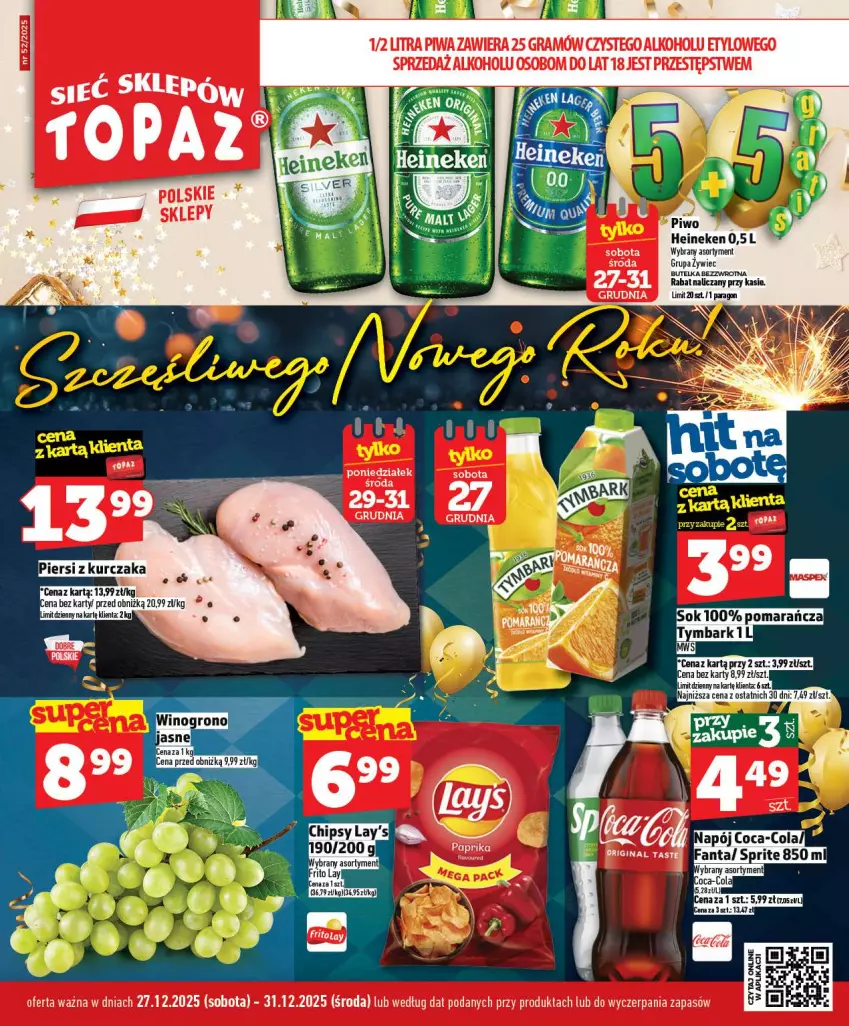 Gazetka promocyjna Topaz - Gazetka - ważna 27.12 do 31.12.2025 - strona 1 - produkty: Fa, Fanta, Gin, Gra, Heineken, Kurczak, Napój, Piwa, Piwo, Sprite, Wino
