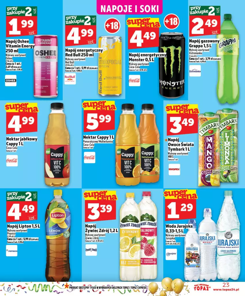 Gazetka promocyjna Topaz - Gazetka - ważna 27.12 do 31.12.2025 - strona 23 - produkty: Cappy, Coca-Cola, Gra, Grappa, Napój, Napój energetyczny, Napój gazowany, Nektar, Oshee, Owoce, Pepsi, Top, Tymbark, Woda