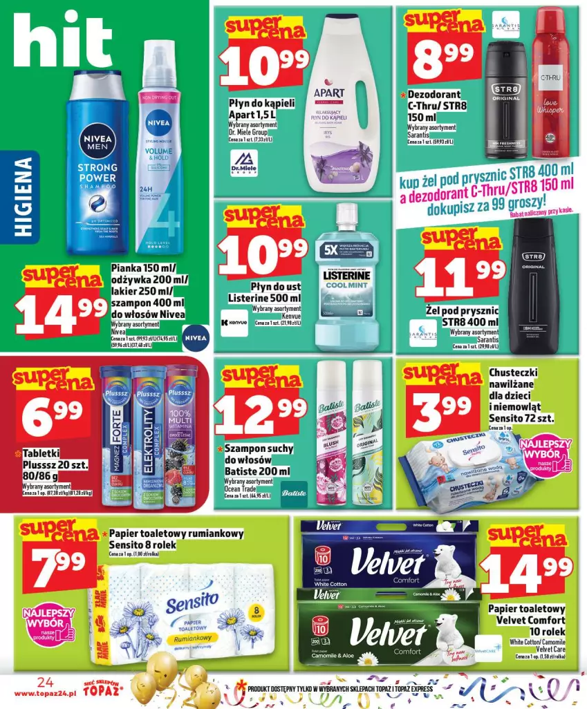 Gazetka promocyjna Topaz - Gazetka - ważna 27.12 do 31.12.2025 - strona 24 - produkty: Batiste, C-Thru, Chusteczki, Dezodorant, Dzieci, Lakier, Listerine, Nivea, Odżywka, Papier, Papier toaletowy, Płyn do kąpieli, Rum, Sito, Str8, Szampon, Top, Velvet