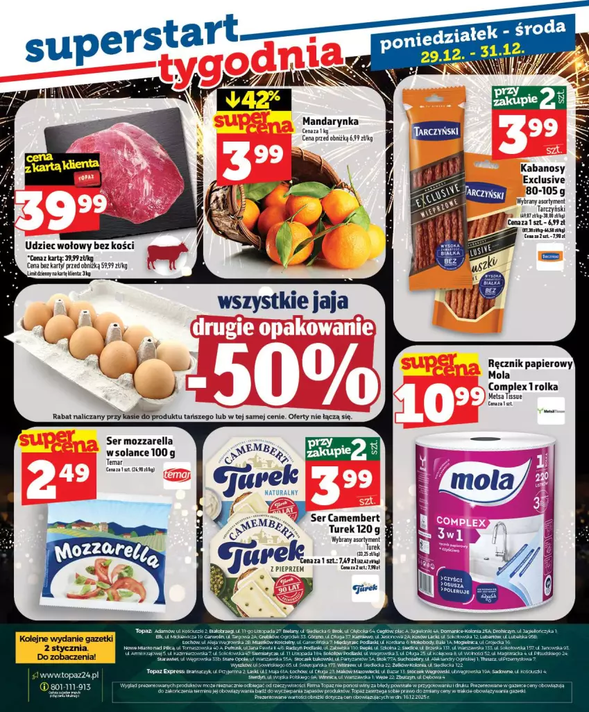 Gazetka promocyjna Topaz - Gazetka - ważna 27.12 do 31.12.2025 - strona 28 - produkty: Body, Camembert, Kabanos, KOBO, Mola, Mozzarella, Olej, Papier, Pieprz, Podlaski, Ręcznik, Ser, Tarczyński, Top, Udziec wołowy