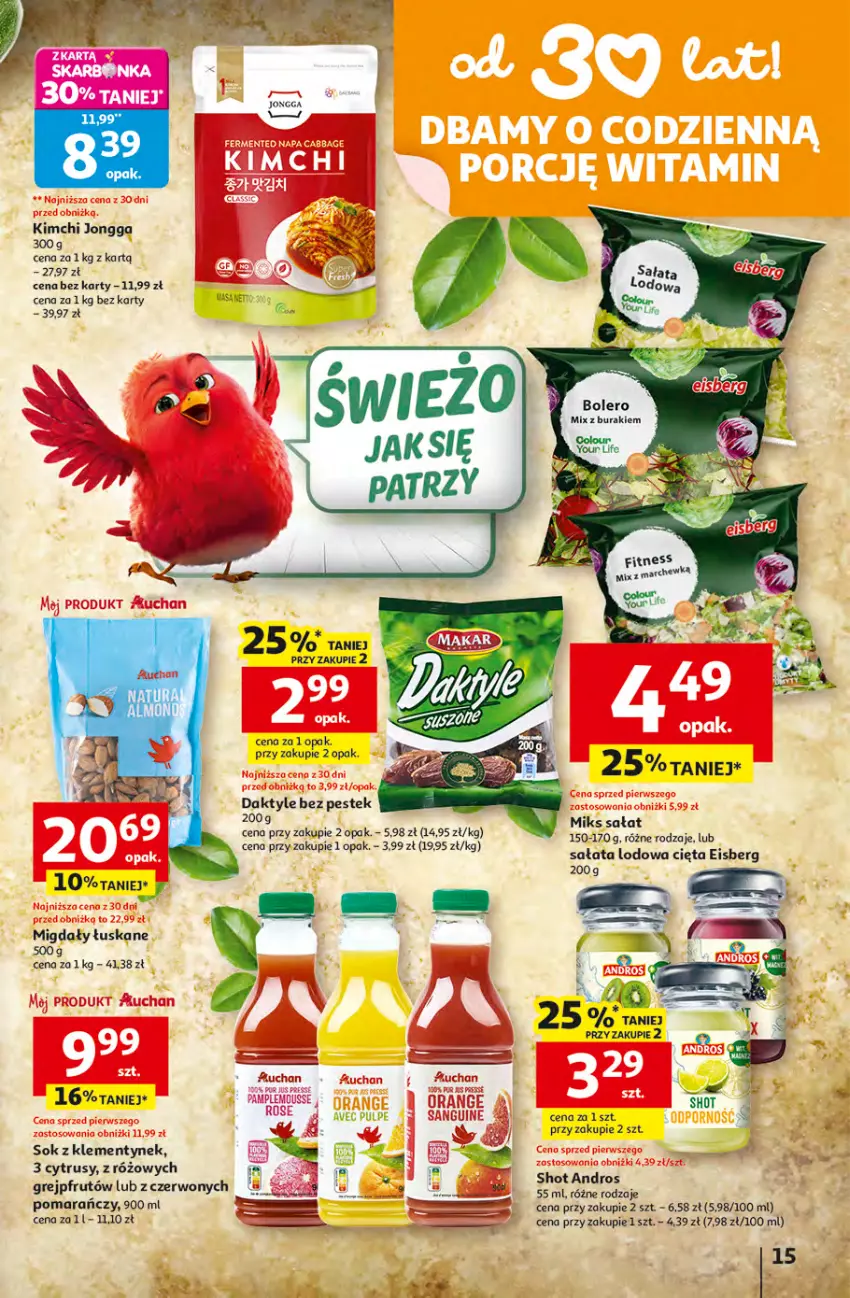 Gazetka promocyjna Auchan - 30 Lat Hipermarket - ważna 16.04 do 22.04.2026 - strona 15 - produkty: Daktyle, Grejpfrut, Migdały, Pur, Sałat, Sałata lodowa, Sok, Stek, Tran