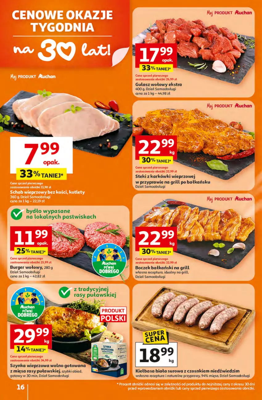 Gazetka promocyjna Auchan - 30 Lat Hipermarket - ważna 16.04 do 22.04.2026 - strona 16 - produkty: Boczek, Burger, Grill, Gulasz wołowy, Przyprawy, Stek, Szynka, Szynka wieprzowa