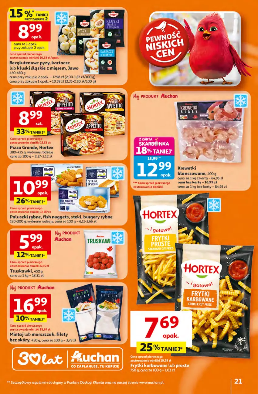 Gazetka promocyjna Auchan - 30 Lat Hipermarket - ważna 16.04 do 22.04.2026 - strona 21 - produkty: Burger, Gra, Hortex, Krewetki, Mintaj, Mus, Pizza, Stek, Truskawki