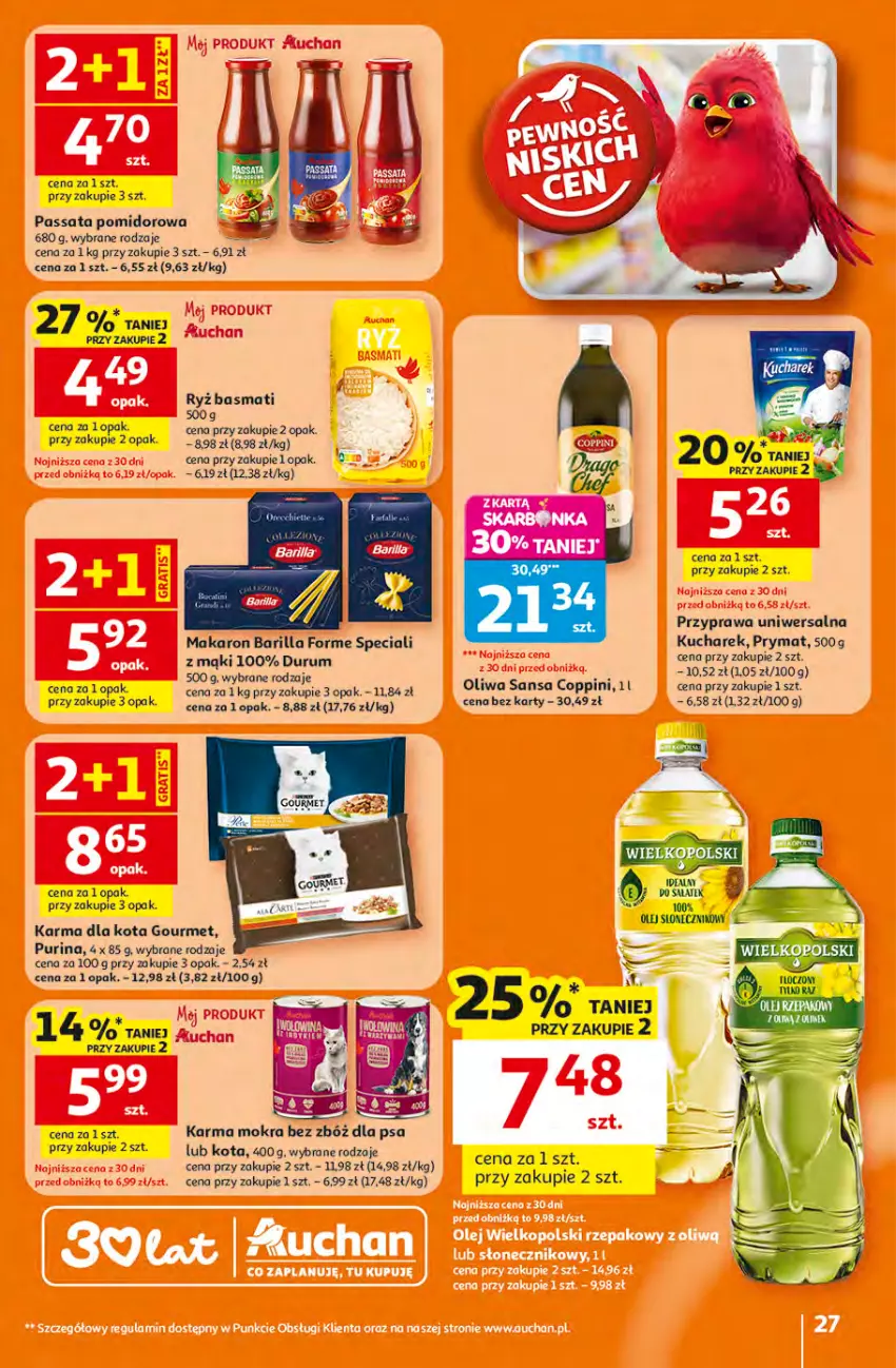Gazetka promocyjna Auchan - 30 Lat Hipermarket - ważna 16.04 do 22.04.2026 - strona 27 - produkty: Barilla, Kucharek, Makaron, Oliwa, Prymat, Przyprawa uniwersalna, Pur, Purina, Rum, Ryż, Ryż basmati