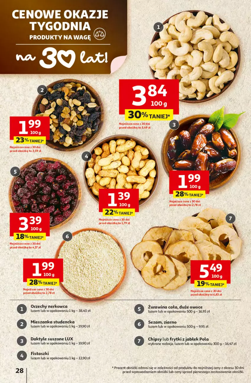 Gazetka promocyjna Auchan - 30 Lat Hipermarket - ważna 16.04 do 22.04.2026 - strona 28 - produkty: Chipsy, Daktyle, Frytki, Mieszanka studencka, Owoce, Sezam
