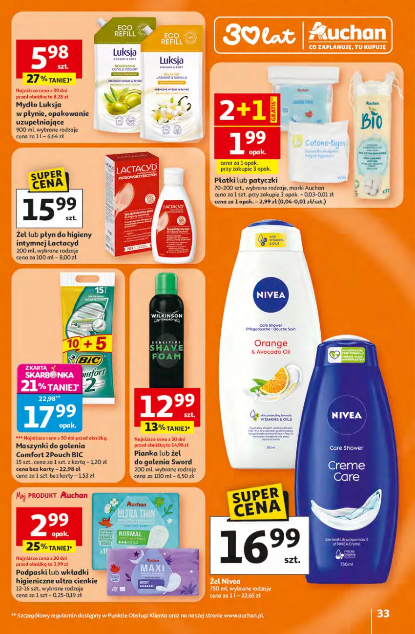 Gazetka promocyjna Auchan - 30 Lat Hipermarket - ważna 16.04 do 22.04.2026 - strona 33 - produkty: Ariel, BIC, Gra, Lactacyd, LG, Luksja, Mydło, Podpaski, Wkładki