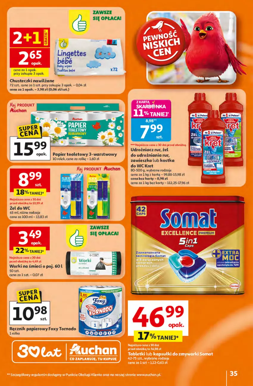 Gazetka promocyjna Auchan - 30 Lat Hipermarket - ważna 16.04 do 22.04.2026 - strona 35 - produkty: Chusteczki, Foxy, Kostka do wc, Kret, Papier, Papier toaletowy, Somat