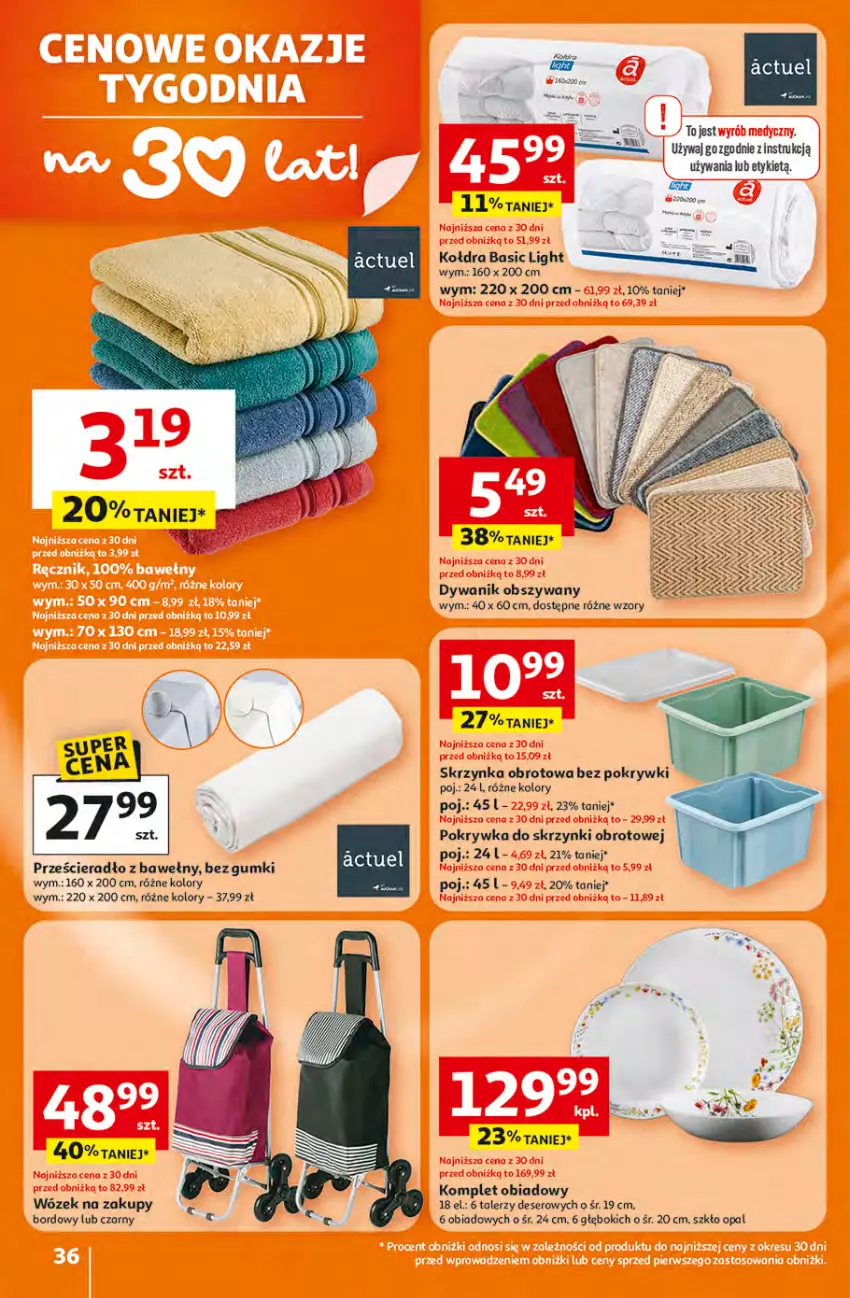 Gazetka promocyjna Auchan - 30 Lat Hipermarket - ważna 16.04 do 22.04.2026 - strona 36 - produkty: Deser, Dywan, Dywanik, Fa, Komplet obiadowy, Por, Prześcieradło, Ser, Talerz, Wózek, Wózek na zakupy