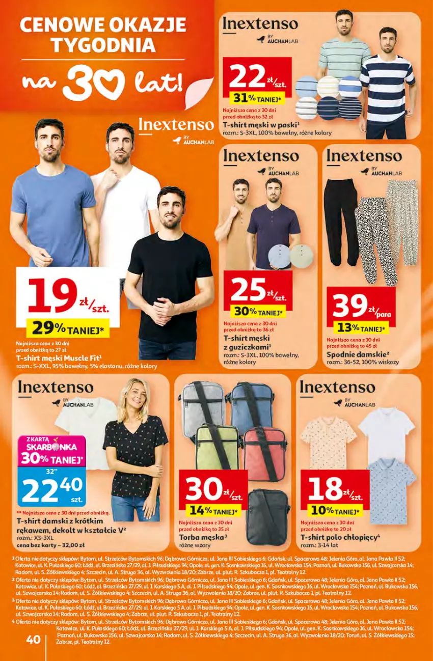 Gazetka promocyjna Auchan - 30 Lat Hipermarket - ważna 16.04 do 22.04.2026 - strona 40 - produkty: Spodnie, T-shirt, Torba