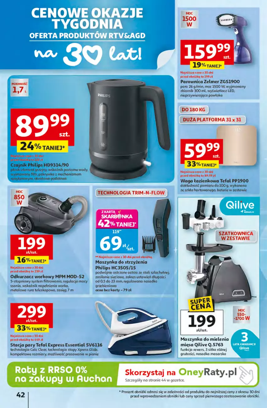 Gazetka promocyjna Auchan - 30 Lat Hipermarket - ważna 16.04 do 22.04.2026 - strona 42 - produkty: Czajnik, Fa, Maszynka, Maszynka do mielenia, Odkurzacz, Parownica, Philips, Rura, Silan, Stacja pary, Szatkownica, Szynka, Tefal, Teleskop, Top, Waga, Waga łazienkowa, Warka, Zelmer