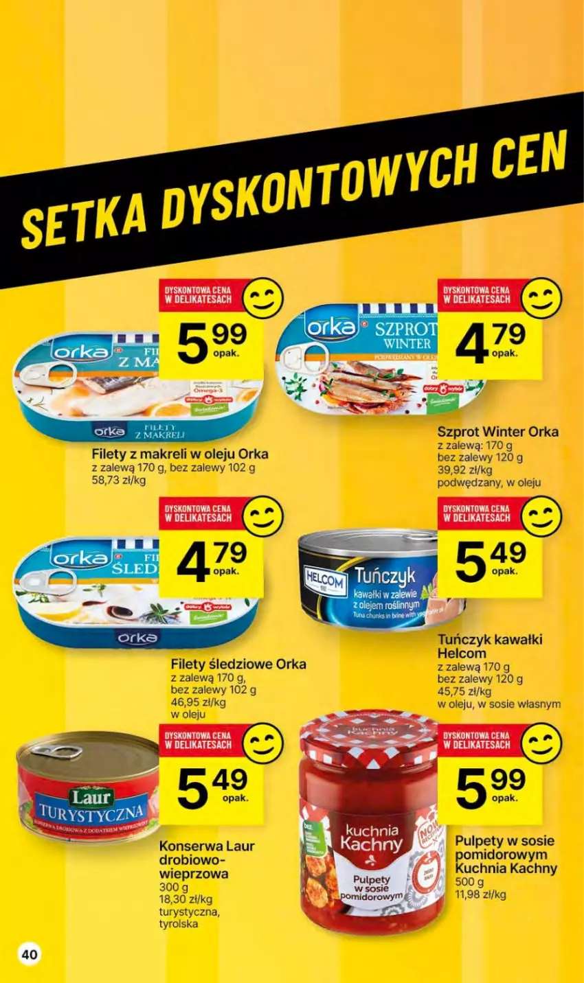 Gazetka promocyjna Delikatesy Centrum - Dyskontowe ceny w Delikatesach Centrum - ważna 23.11 do 29.11.2023 - strona 40 - produkty: HELCOM, Kawa, Kuchnia, Laur, Olej, Orka, Pulpety, Ser, Sos, Szprot, Tuńczyk