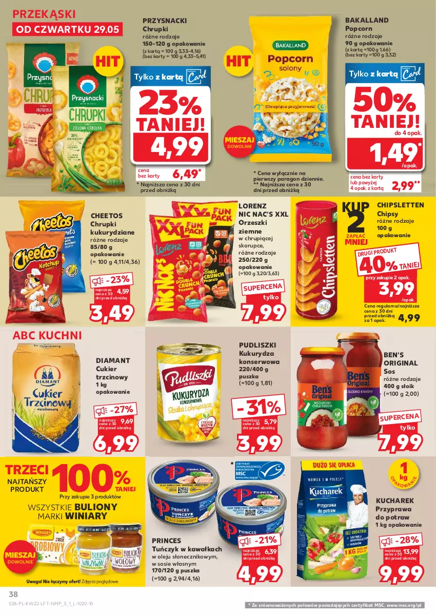Gazetka promocyjna Kaufland - Gazetka tygodnia - ważna 29.05 do 04.06.2025 - strona 38 - produkty: Bakalland, Bulion, Cheetos, Chipsy, Chrupki, Cukier, Cukier trzcinowy, Diamant, Gin, Kawa, Kucharek, Kukurydza, Kukurydza konserwowa, Lion, Lorenz, Olej, Orzeszki, Orzeszki ziemne, Popcorn, Przyprawa do potraw, Przysnacki, Pudliszki, Ser, Sos, Tuńczyk, Waga, Winiary