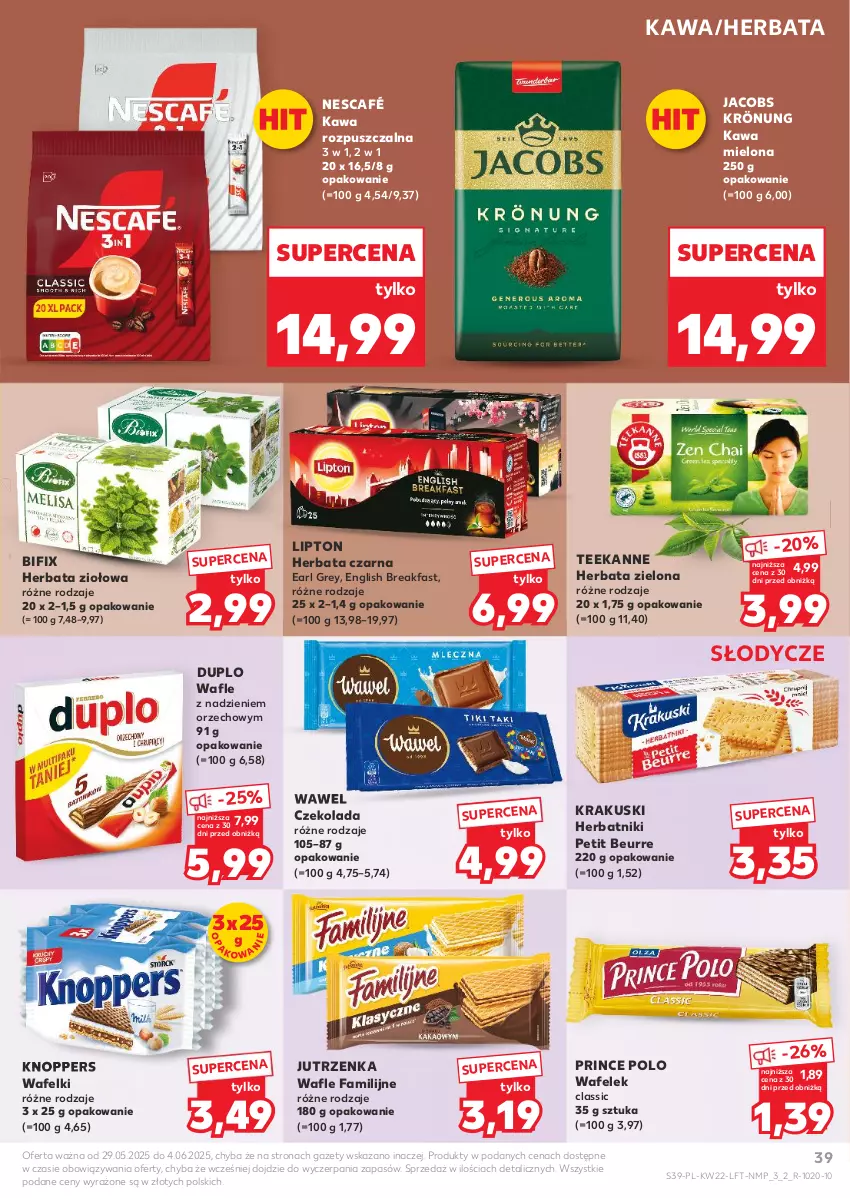 Gazetka promocyjna Kaufland - Gazetka tygodnia - ważna 29.05 do 04.06.2025 - strona 39 - produkty: Czekolada, Earl Grey, Fa, Herbata, Herbata czarna, Herbatniki, Herbatniki Petit Beurre, Jacobs, Jacobs Krönung, Jutrzenka, Kawa, Kawa mielona, Kawa rozpuszczalna, Knoppers, Krakus, Krakuski, Lipton, Nescafé, Prince Polo, Teekanne, Wafelek, Wafle, Wawel