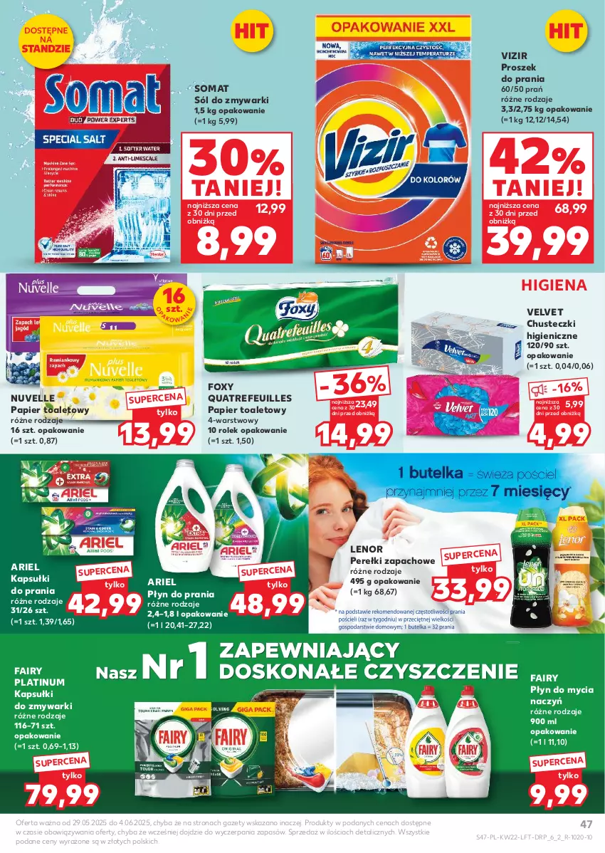 Gazetka promocyjna Kaufland - Gazetka tygodnia - ważna 29.05 do 04.06.2025 - strona 47 - produkty: Ariel, Chusteczki, Do mycia naczyń, Fa, Fairy, Foxy, Kapsułki do prania, Lenor, Papier, Papier toaletowy, Perełki zapachowe, Płyn do mycia, Płyn do mycia naczyń, Płyn do prania, Proszek do prania, Sól, Somat, Velvet, Vizir, Zmywarki