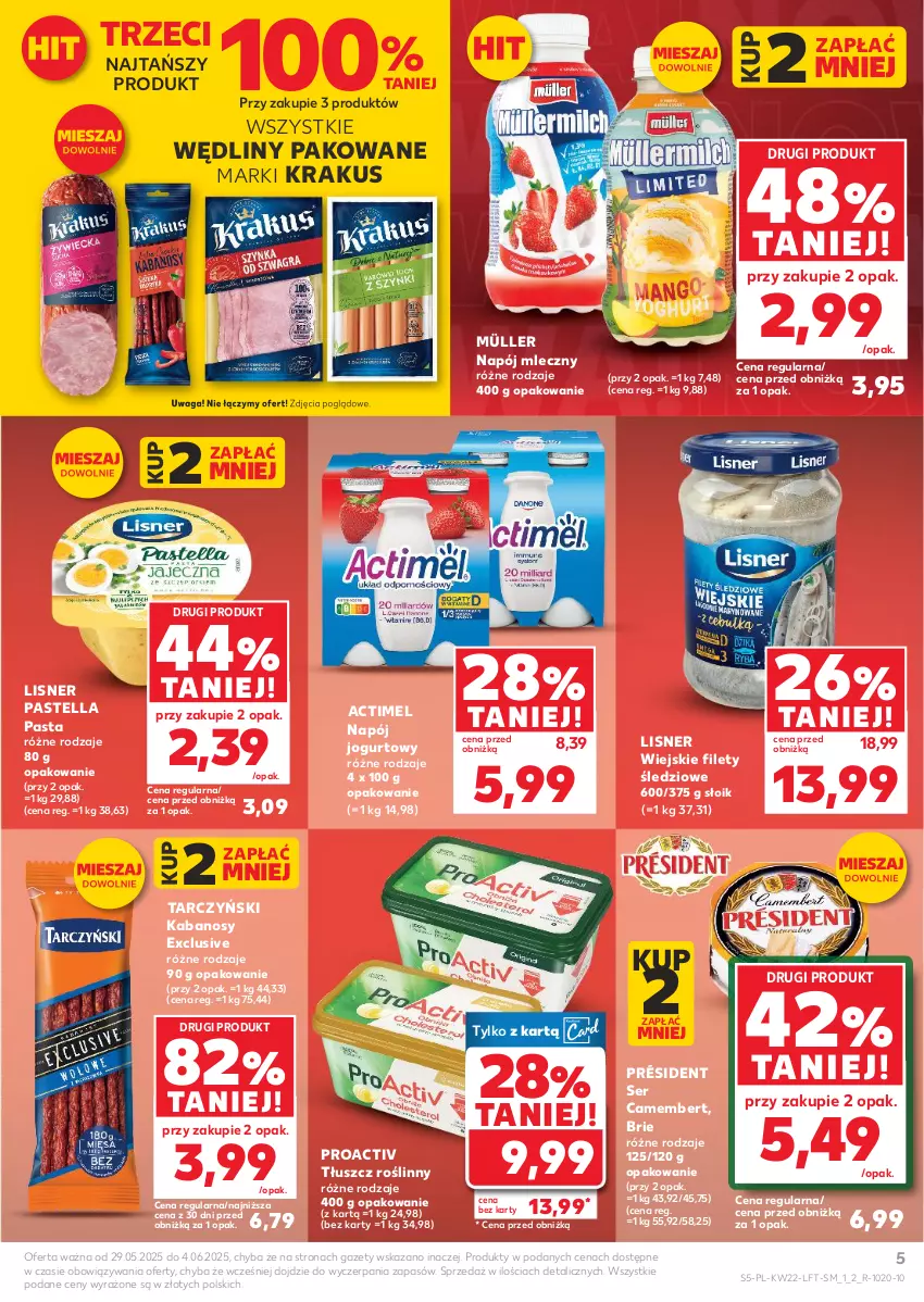 Gazetka promocyjna Kaufland - Gazetka tygodnia - ważna 29.05 do 04.06.2025 - strona 5 - produkty: Actimel, Brie, Camembert, Jogurt, Kabanos, Krakus, Lisner, Müller, Napój, Napój jogurtowy, Napój mleczny, Pastella, Président, Ser, Tarczyński, Tłuszcz roślinny, Waga