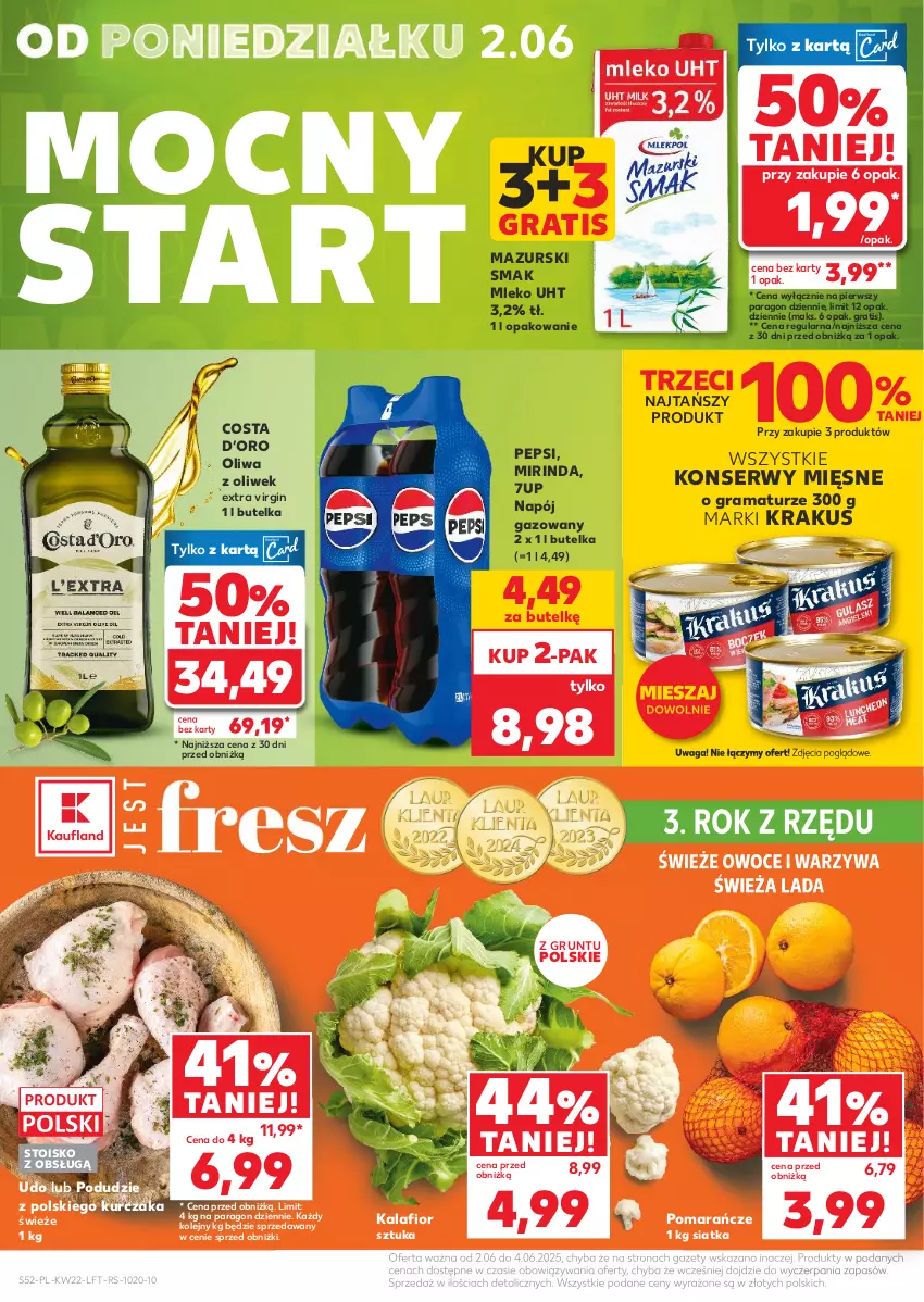 Gazetka promocyjna Kaufland - Gazetka tygodnia - ważna 29.05 do 04.06.2025 - strona 52 - produkty: 7up, Gin, Gra, Grunt, Kalafior, Krakus, Kurczak, Mirinda, Mleko, Napój, Napój gazowany, Olej, Oliwa, Oliwa z oliwek, Owoce, Pepsi, Pomarańcze, Rama, Ser, Siatka, Waga, Warzywa