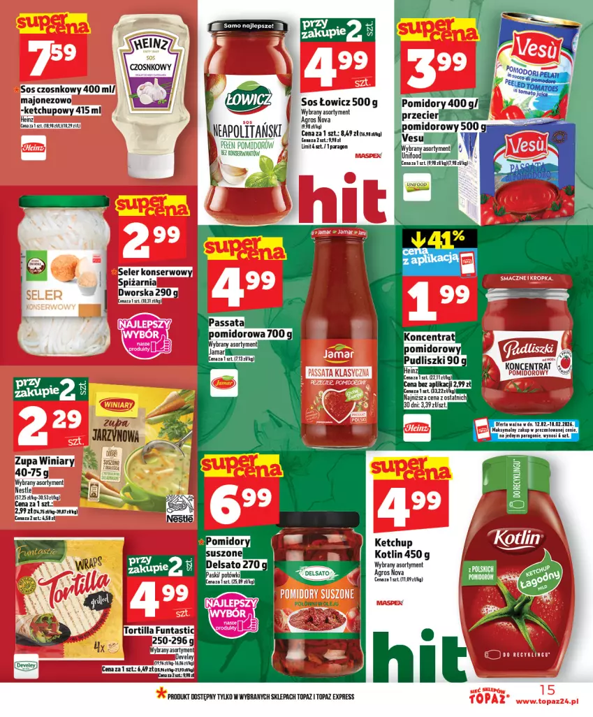 Gazetka promocyjna Topaz - Gazetka - ważna 12.02 do 18.02.2026 - strona 15 - produkty: Fa, Ketchup, Kotlin, Majonez, Ser, Sos, Sos czosnkowy, Top, Winiary, Zupa