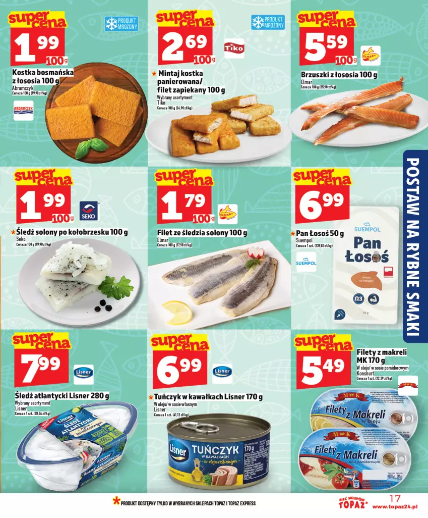 Gazetka promocyjna Topaz - Gazetka - ważna 12.02 do 18.02.2026 - strona 17 - produkty: Brzuszki z łososia, Kawa, Lisner, Mintaj, Olej, Sos, Suempol, Top, Tuńczyk