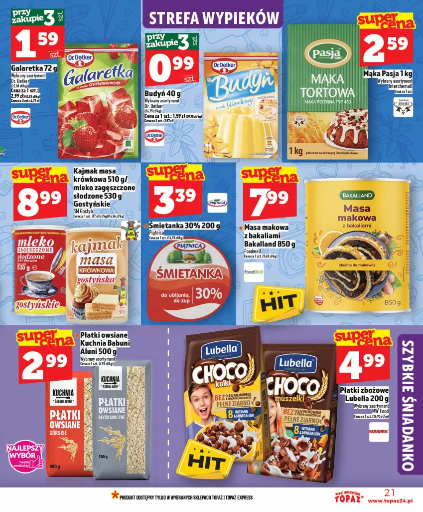 Gazetka promocyjna Topaz - Gazetka - ważna 12.02 do 18.02.2026 - strona 21 - produkty: Babuni, Bakalland, Bell, Bella, Dr. Oetker, Gala, Galaretka, Kuchnia, Lubella, Masa krówkowa, Mleko, Mleko zagęszczone, Piątnica, Płatki owsiane, Top