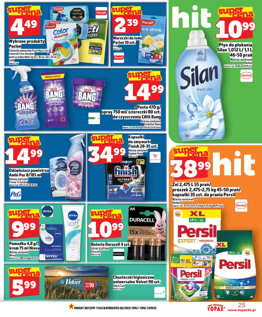 Gazetka promocyjna Topaz - Gazetka - ważna 12.02 do 18.02.2026 - strona 25 - produkty: Ambi Pur, Chusteczki, Cillit Bang, Duracell, Finish, Nivea, Odświeżacz powietrza, Pur, Top, Velvet, Woreczki do lodu, Worki na śmiec, Worki na śmieci, Zmywarki