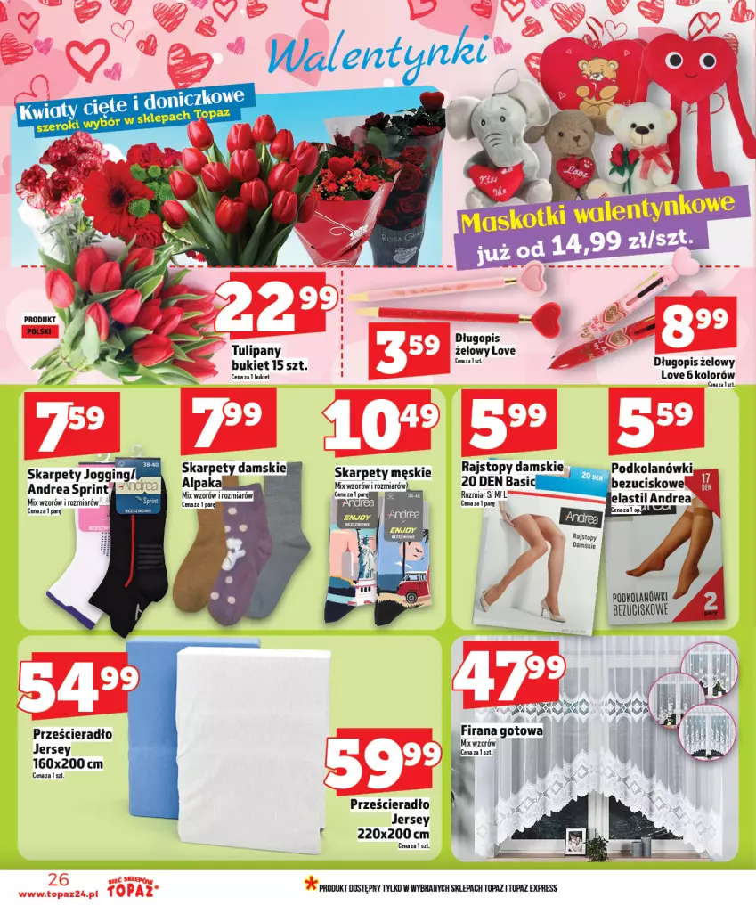 Gazetka promocyjna Topaz - Gazetka - ważna 12.02 do 18.02.2026 - strona 26 - produkty: Bukiet, Długopis, Firana, Gin, Gra, Karp, Prześcieradło, Rajstopy, Top, Tulipan