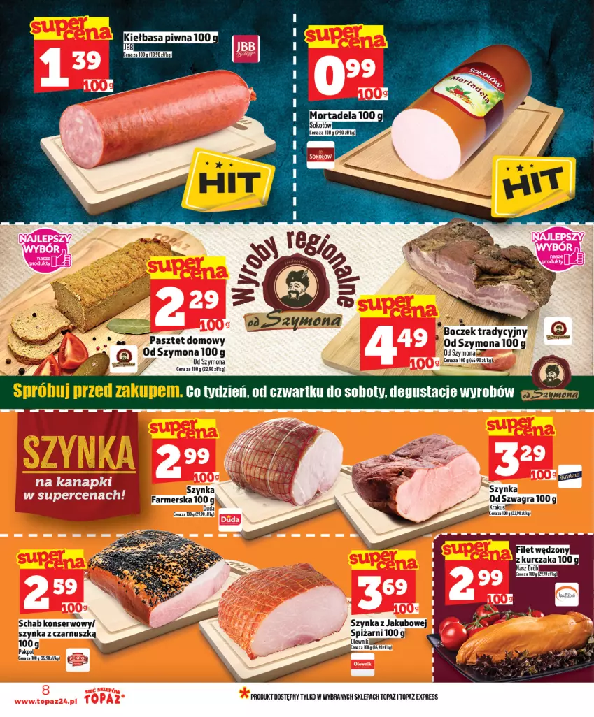 Gazetka promocyjna Topaz - Gazetka - ważna 12.02 do 18.02.2026 - strona 8 - produkty: Boczek, Duda, Fa, Gra, Kiełbasa, Kiełbasa piwna, Krakus, Pasztet, Pekpol, Ser, Szynka, Top