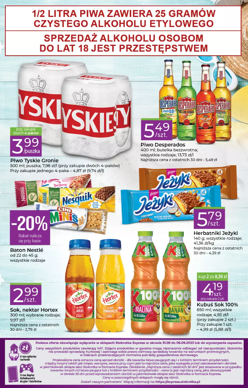 Gazetka promocyjna Stokrotka - Stokrotka Express - ważna 31.08 do 06.09.2023 - strona 3 - produkty: Baton, Desperados, Herbatniki, Hortex, Jeżyki, Kubuś, Mięso, Nektar, Owoce, Piwo, Sok, Telefon, Tyskie, Warzywa