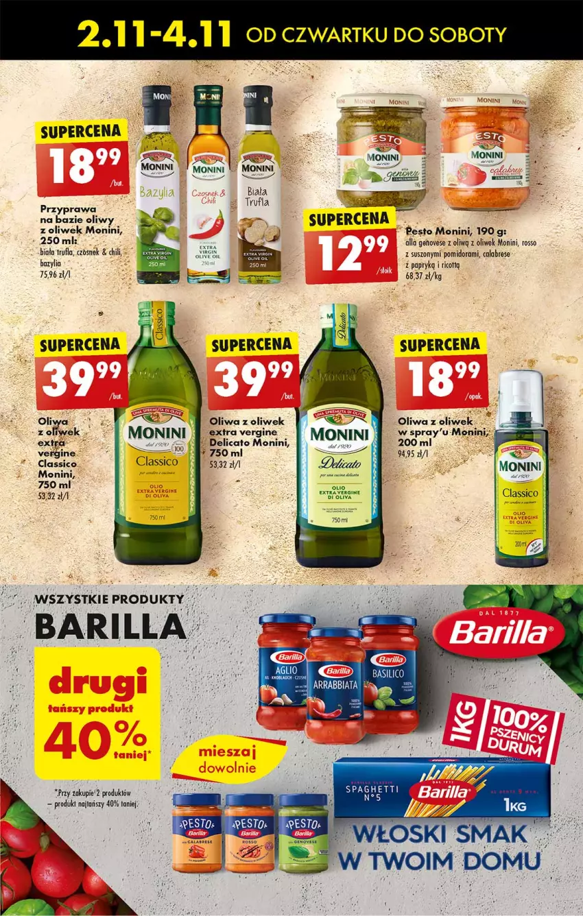 Gazetka promocyjna Biedronka - Od czwartku - ważna 02.11 do 08.11.2023 - strona 43 - produkty: Barilla, Gin, Monini, Oliwa, Oliwa z oliwek, Pesto, Por, Spaghetti