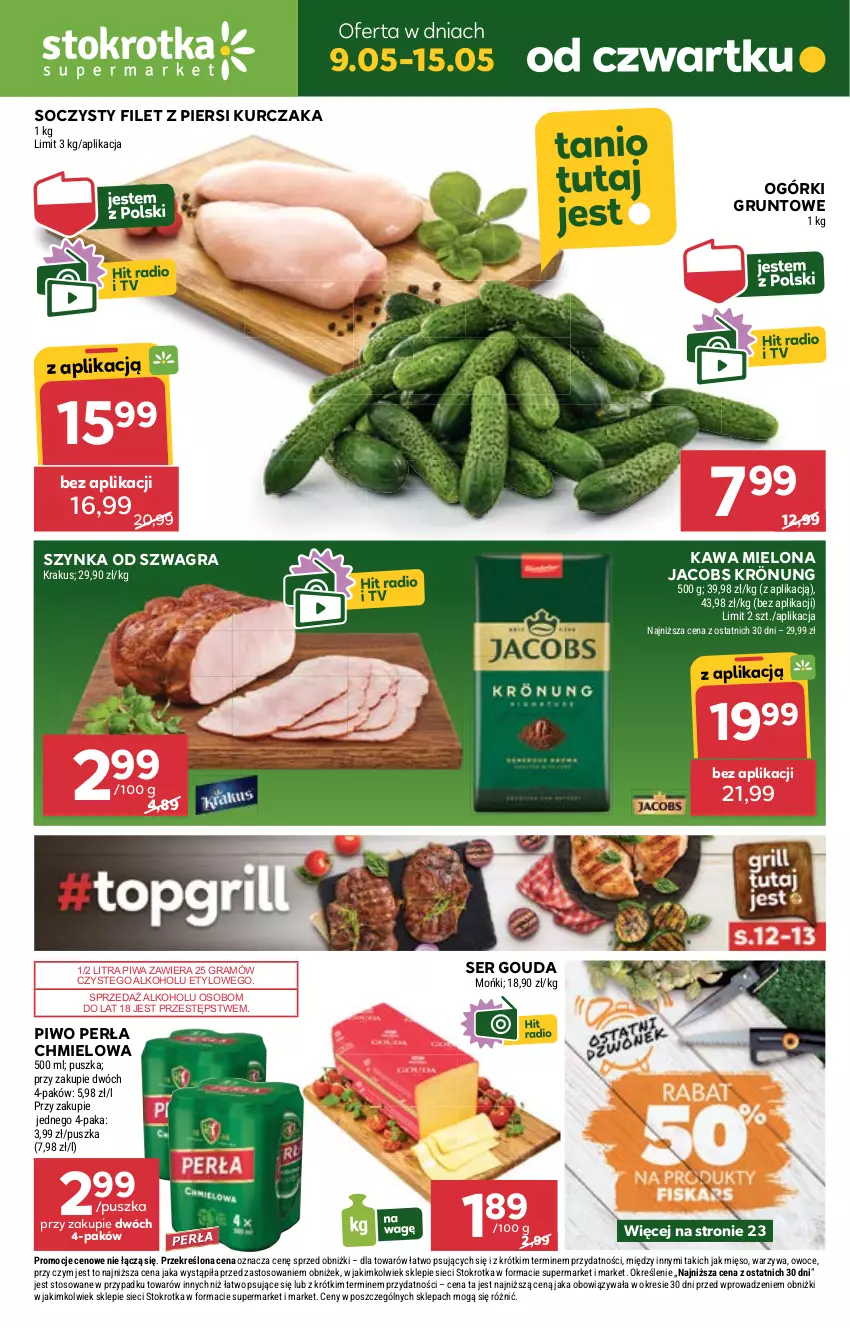 Gazetka promocyjna Stokrotka - Supermarket - ważna 09.05 do 15.05.2024 - strona 1 - produkty: Filet z piersi kurczaka, Gouda, Gra, Grunt, Jacobs, Jacobs Krönung, Kawa, Kawa mielona, Kurczak, Mięso, Owoce, Perła, Piwa, Piwo, Ser, Szynka, Warzywa