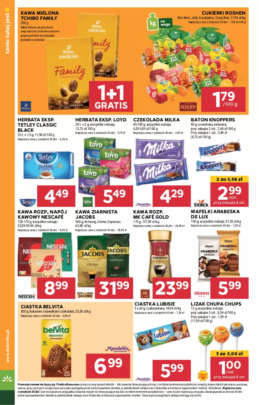 Gazetka promocyjna Stokrotka - Supermarket - ważna 09.05 do 15.05.2024 - strona 16 - produkty: Baton, BelVita, Chupa Chups, Ciastka, Cukier, Cukierki, Czekolada, Fa, Gra, Herbata, Jacobs, Kakao, Kawa, Kawa mielona, Kawa ziarnista, Knoppers, Lack, Loyd, Lubisie, Mięso, Milka, Napój, Nescafé, Owoce, Por, Tchibo, Tchibo Family, Tetley, Warzywa