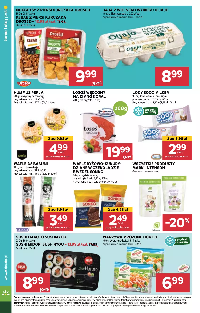 Gazetka promocyjna Stokrotka - Supermarket - ważna 09.05 do 15.05.2024 - strona 22 - produkty: Babuni, Hortex, Hummus, Jaja, Jaja z wolnego wybiegu, Kebab, Kurczak, Lody, Mięso, Mus, Owoce, Ryż, Sonko, Sushi, Wafle, Warzywa