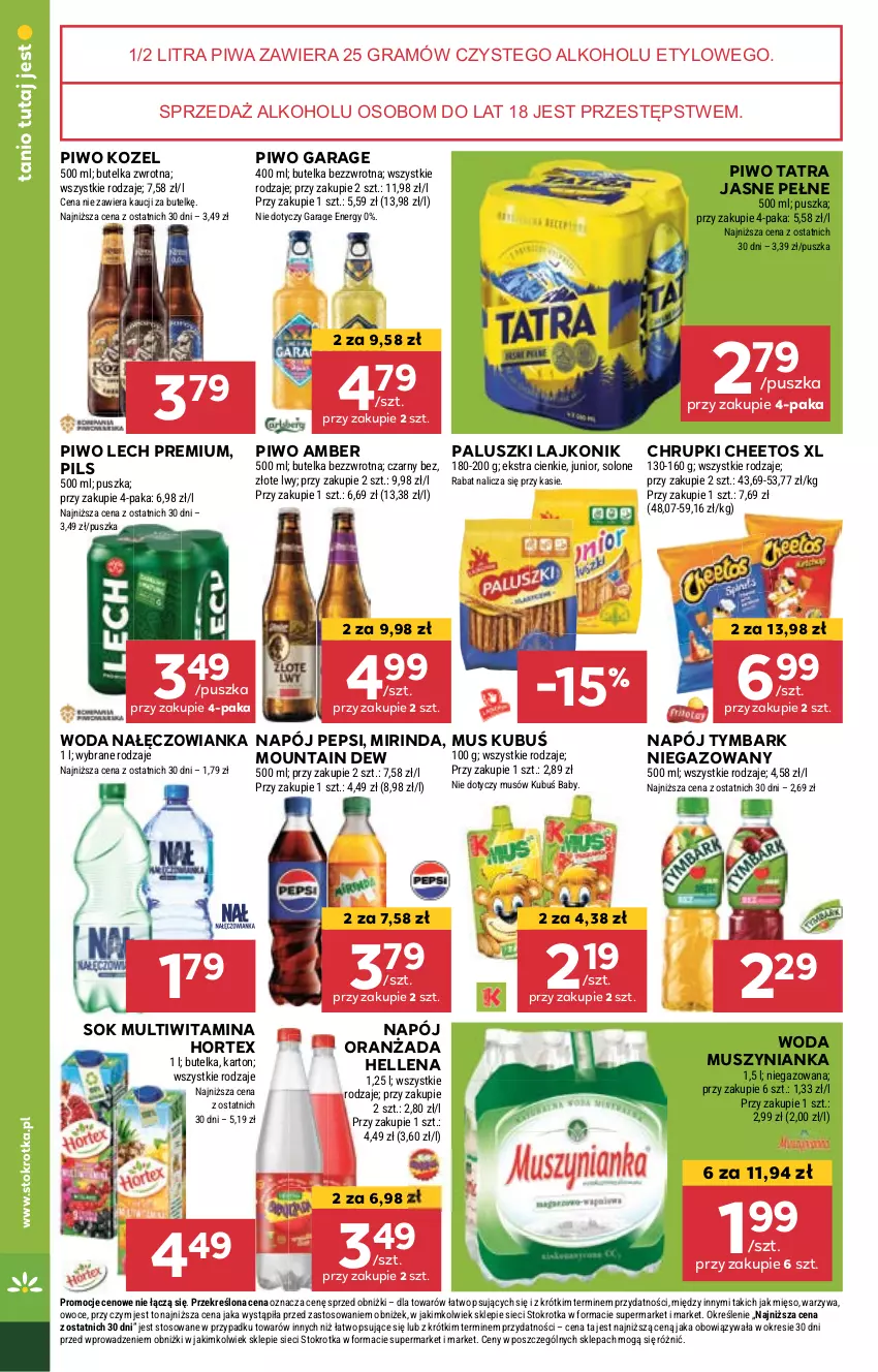 Gazetka promocyjna Stokrotka - Supermarket - ważna 09.05 do 15.05.2024 - strona 24 - produkty: Cheetos, Chrupki, Gra, Hellena, Hortex, Kozel, Kubuś, Lajkonik, Lech Premium, Mięso, Mirinda, Mus, Muszynianka, Nałęczowianka, Napój, Oranżada, Owoce, Pepsi, Piwa, Piwo, Sok, Tatra, Tymbark, Warzywa, Woda