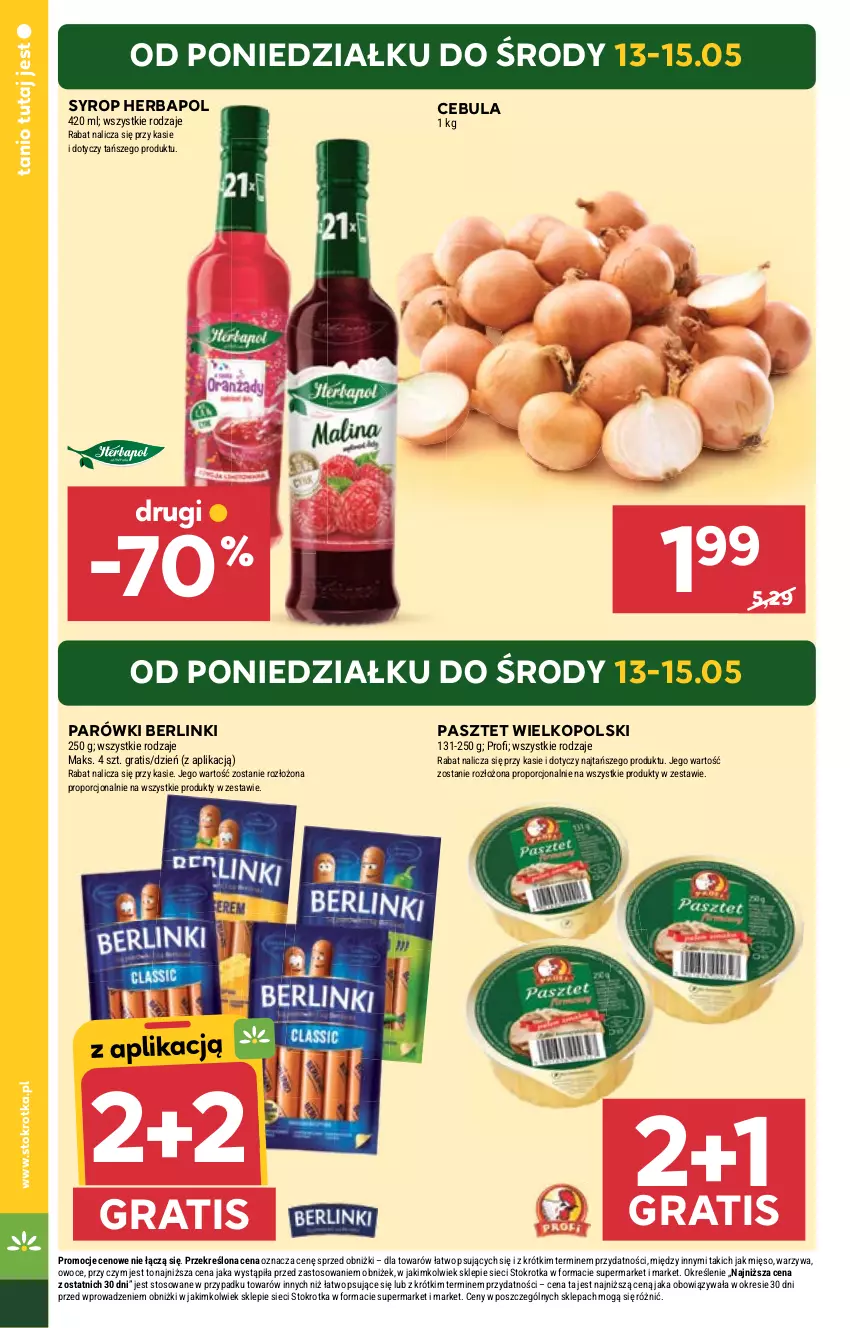 Gazetka promocyjna Stokrotka - Supermarket - ważna 09.05 do 15.05.2024 - strona 6 - produkty: Berlinki, Cebula, Gra, Herbapol, Mięso, Owoce, Parówki, Pasztet, Por, Syrop, Warzywa