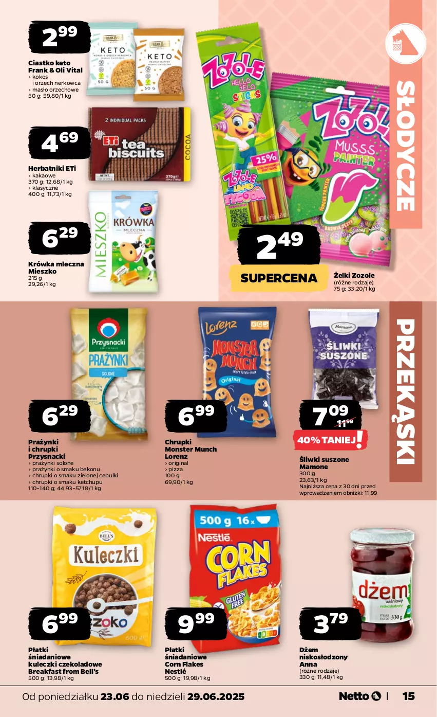 Gazetka promocyjna Netto - Od Poniedziałku - ważna 23.06 do 29.06.2025 - strona 15 - produkty: Beko, Bell, Chrupki, Corn flakes, Danio, Dżem, Fa, Gin, Herbatniki, Kakao, Ketchup, Kokos, Lorenz, Masło, Masło orzechowe, Monster Munch, Nestlé, Pizza, Przysnacki